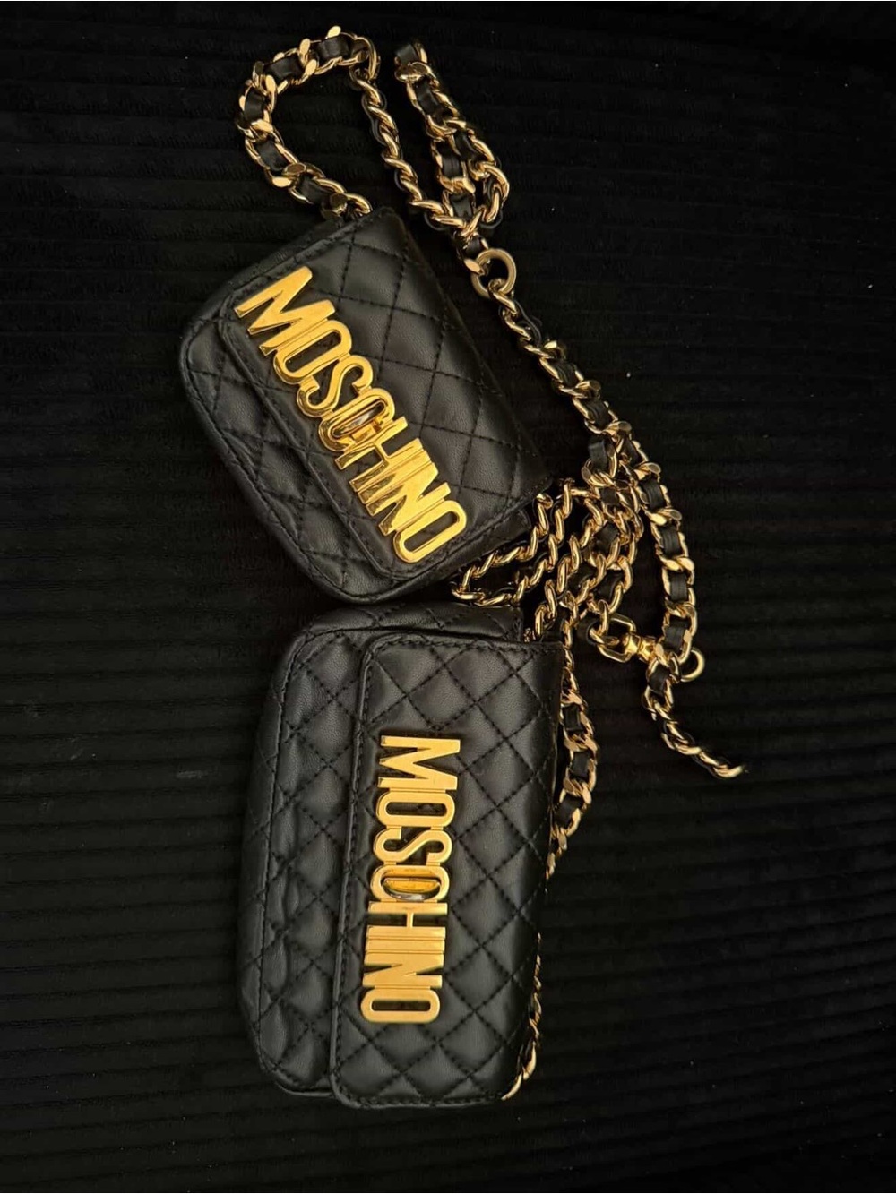 Moschino Black Quilted Mini Double-Pouch Crossbody with Gold Hardware
